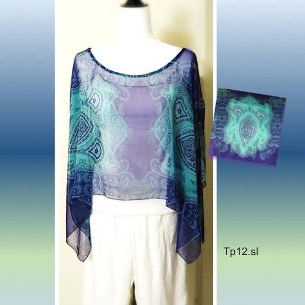 Top & Scarf 2in1 Blue Green Paisley Print Sheer Chiffon Slip-on Lightweight